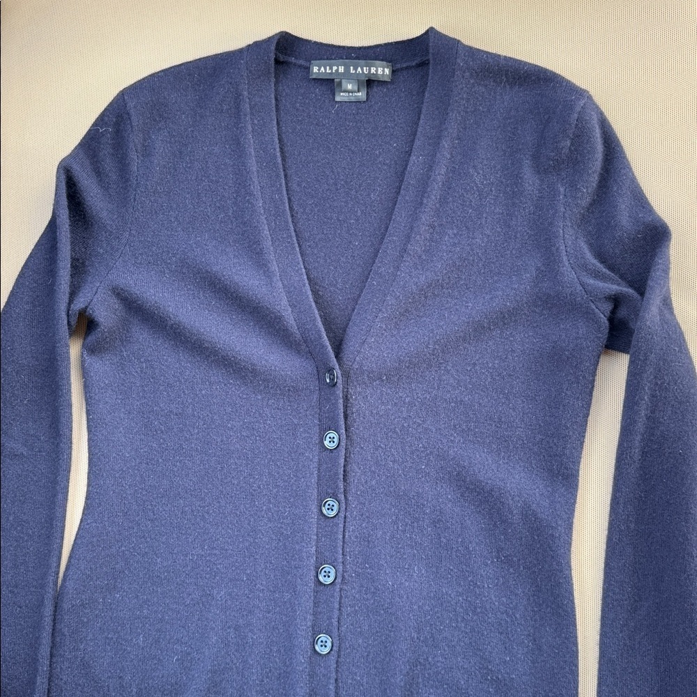 Ralph Lauren Womens 100% Cashmere Black Label Button Navy Cardigan Size Medium - Picture 10 of 13